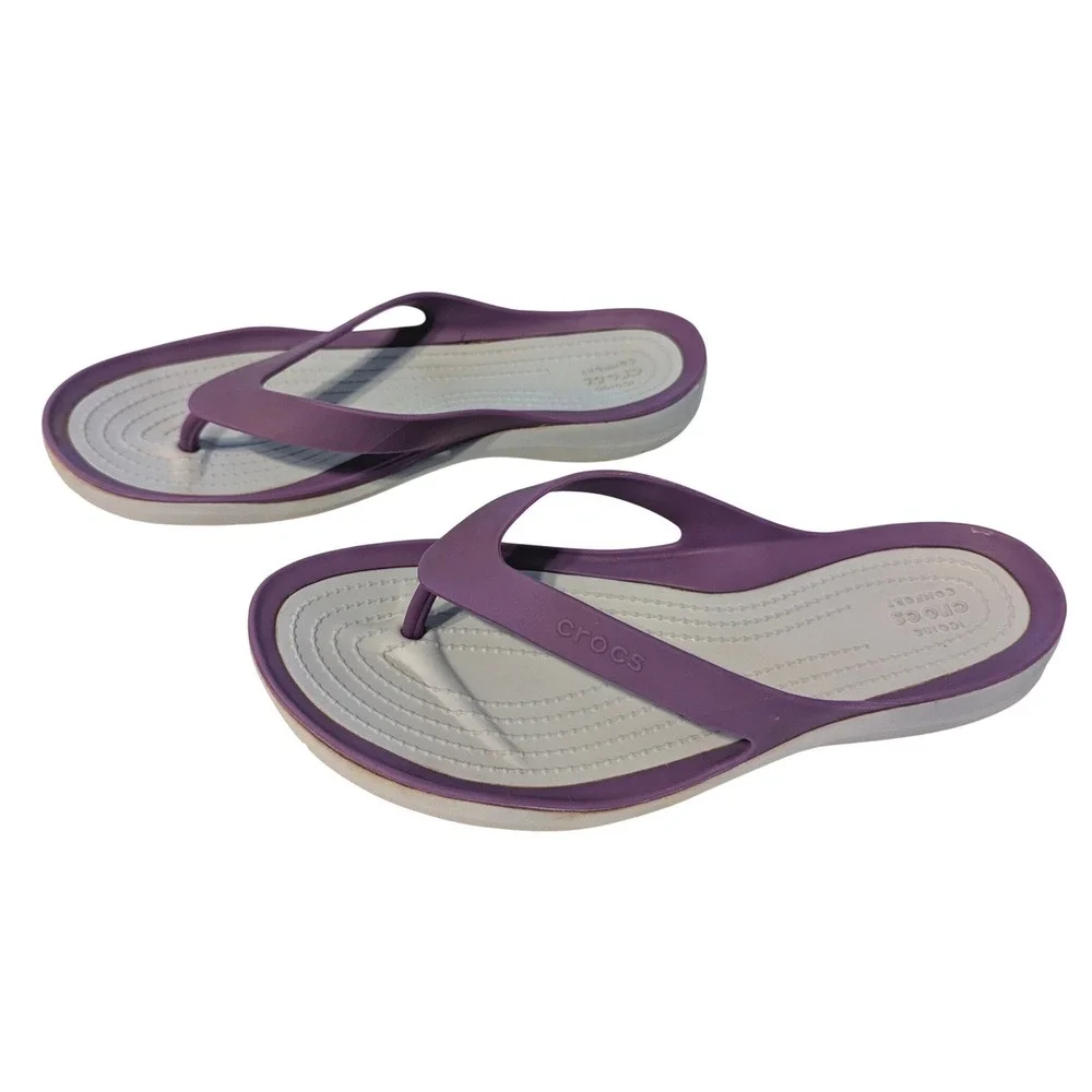 Crocs Womens Size 9 Iconic Comfort Purple Grey Flip Flops Sandals Summer Beach
